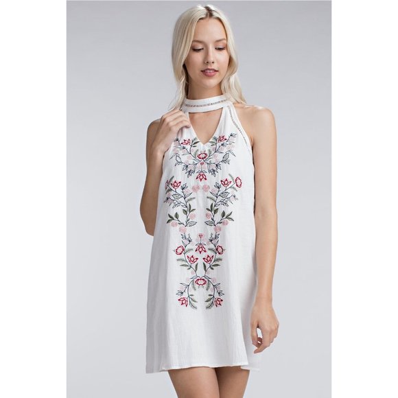 Honey Punch Embroidered Halter Mini Dress, Ivory - Picture 1 of 8